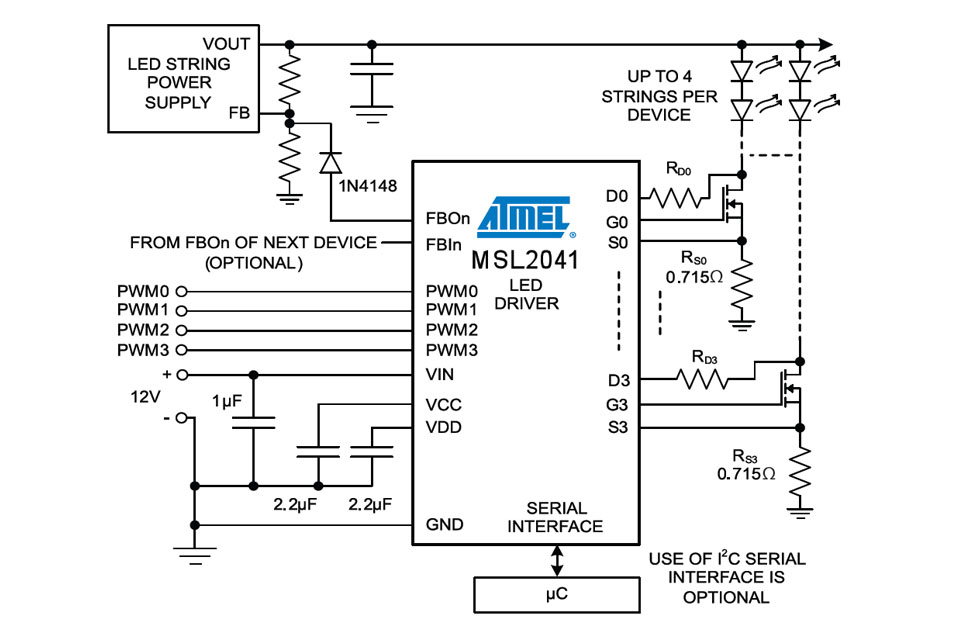 Application circuit for Atmel's MSL2041 four channel LED driver for general lighting applications