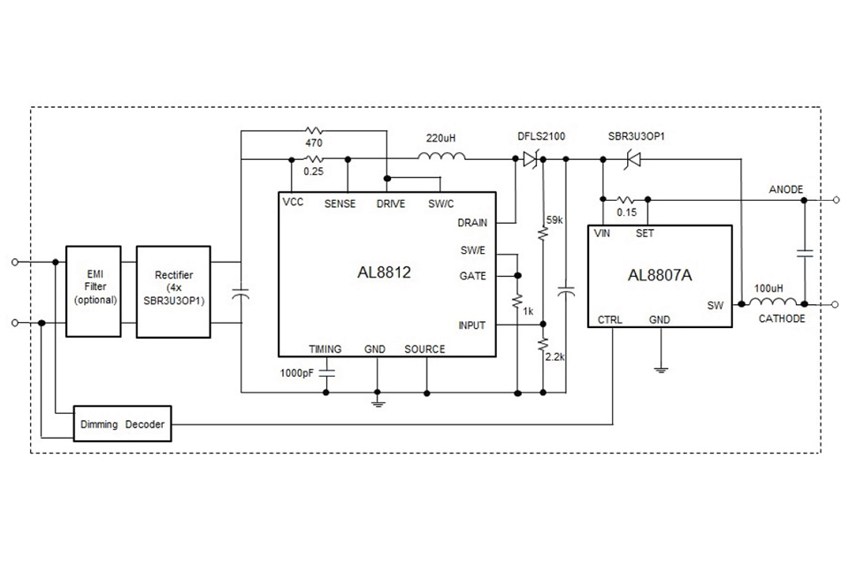 Dimmable MR-16 LED driver system diagram based on Diodes' AL8812 and AL8807A combination