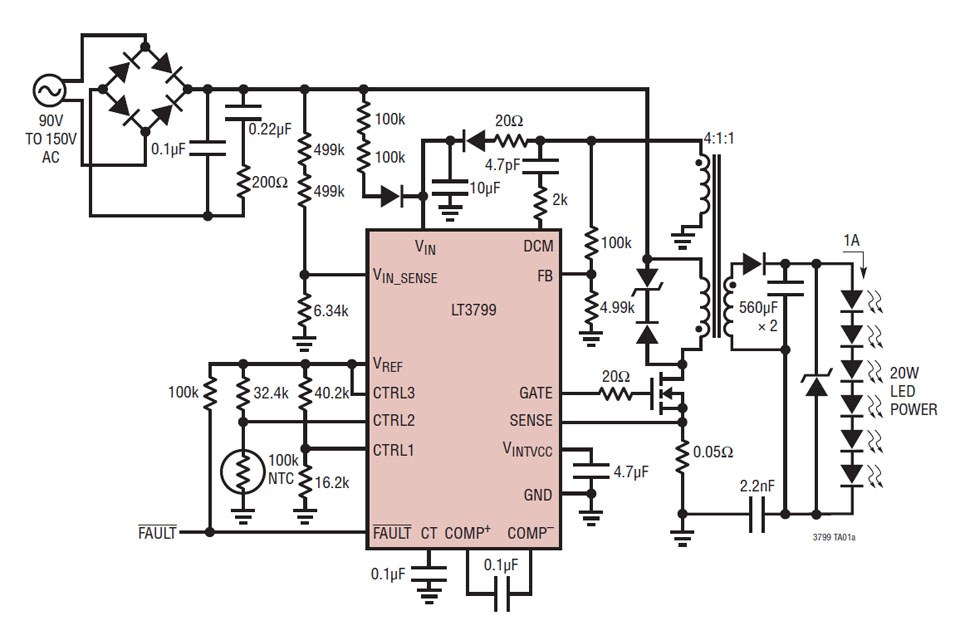 Typical application circuit for a Triac dimmable application with the LT3799 offers current control without opto-coupler