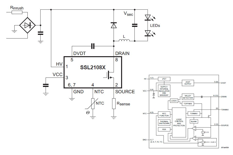 NXP SSL2108x typical application schematic and block diagram