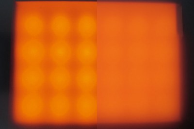Evonik's new PLEXIGLAS® specialty colors for backlighting make hot spots a thing of the past (left: visible hotspots; right: no hotspots with PLEXIGLAS® LED)