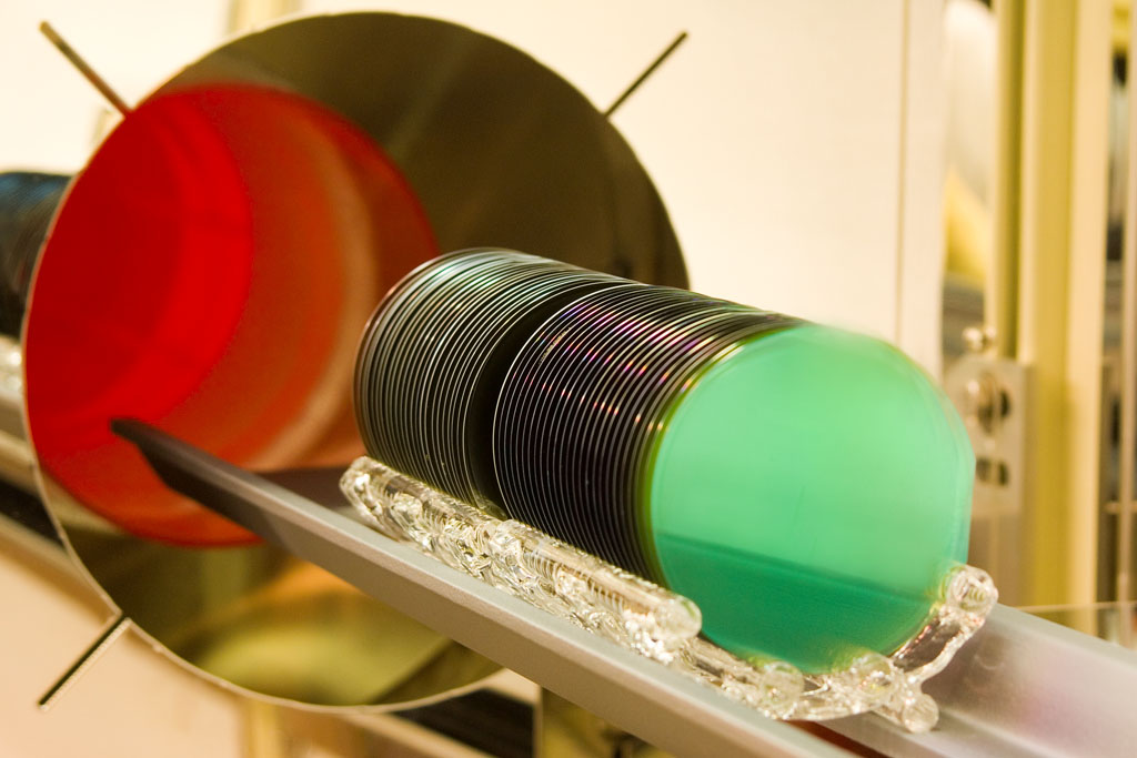 Cree's new SiC substrate allows twice the diameter of the shown batch of 3-inch-diameter SiC wafers.