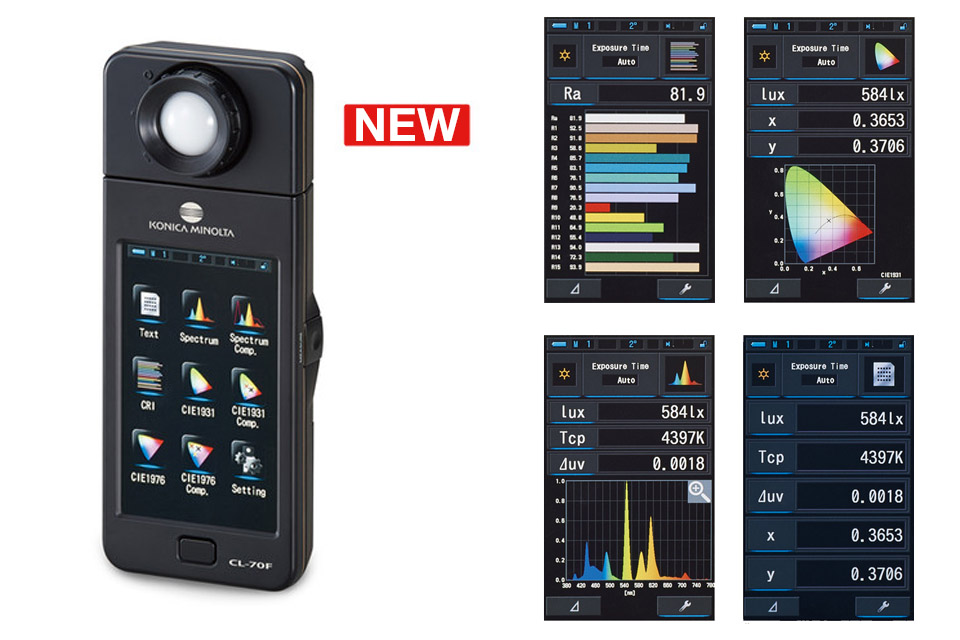 Konica Minolta's new CL-70F CRI Illuminance Meter provides easy measurement and display of CRI, CCT, chromaticity, spectral information and gives a quick overview of all relevant values