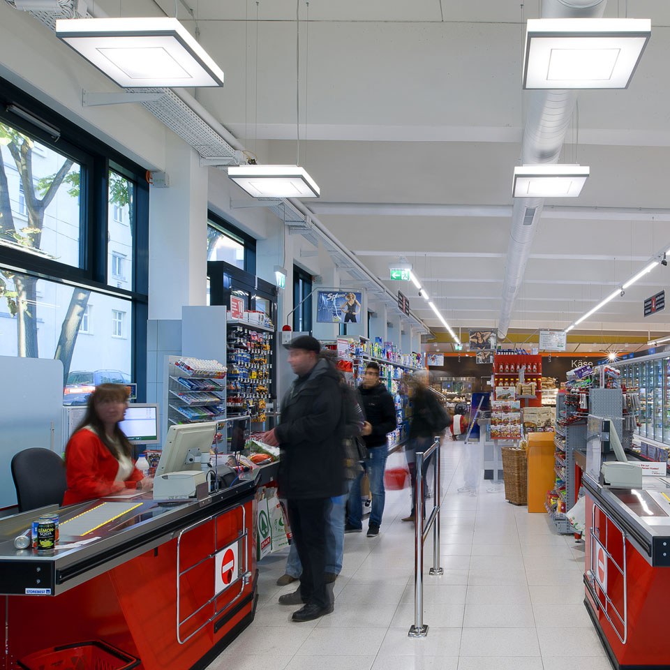 The cash point areas are properly illuminated by suspended Careena LED luminaires.