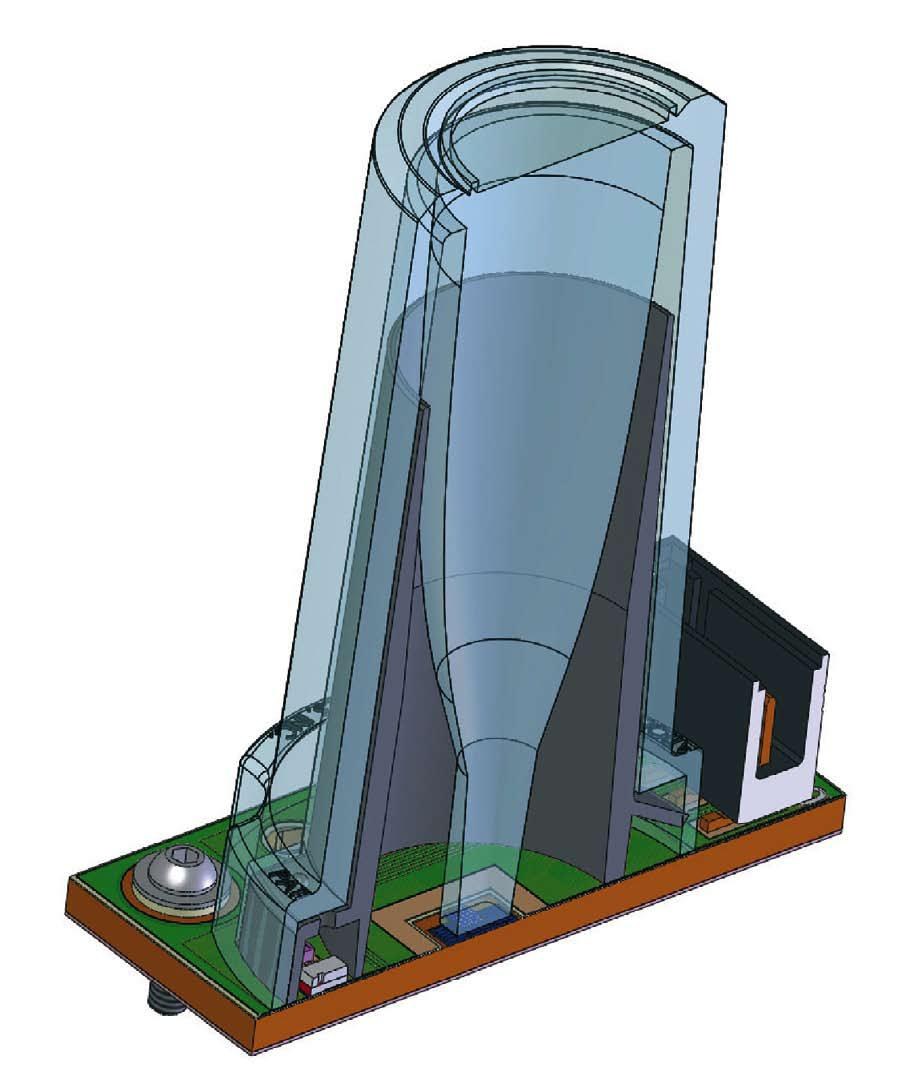 Figure 2: A rendered cross sectional view of a LumiBright LE light engine is shown. The light enters the primary collection optic aperture which is positioned just above the LED die array.