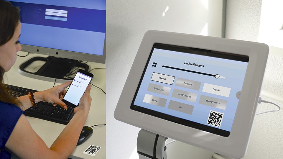 Figure 3: User apps: (left) the phone app, and (right) the room control tablet in a meeting room