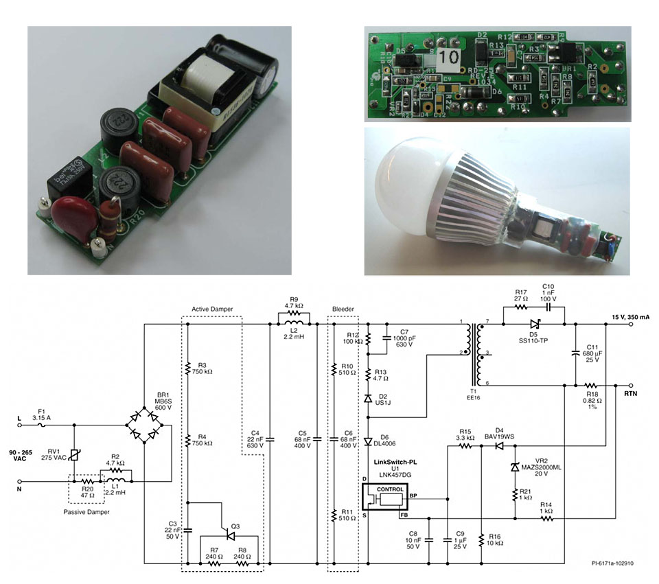 Power Integrations' reference design and schematics for the A19 bulbs using the LNK457DG driver IC.