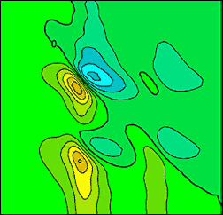 What do you see in these Rorschach-blot-like images? JILA physicists see the once-hidden electronic behavior of semiconductors. The computer plots show how energy intensity (ranging from low in blue to high in red) varies as electronic structures called excitons absorb laser light and emit energy at various frequencies. The pair of similar "butterflies" indicates that an exciton is absorbing and emitting energy in a predictable pattern.