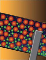 Top view of the ruthenium tris-bipyridine light-emitting device created by Cornell researchers. The ruthenium metal complex is represented by red spheres, and counter ions are represented by green spheres. The material is sandwiched between two gold electrodes. Also visible is the probe of the electron force microscope used to measure the electric field of the device. Source: Cornell University